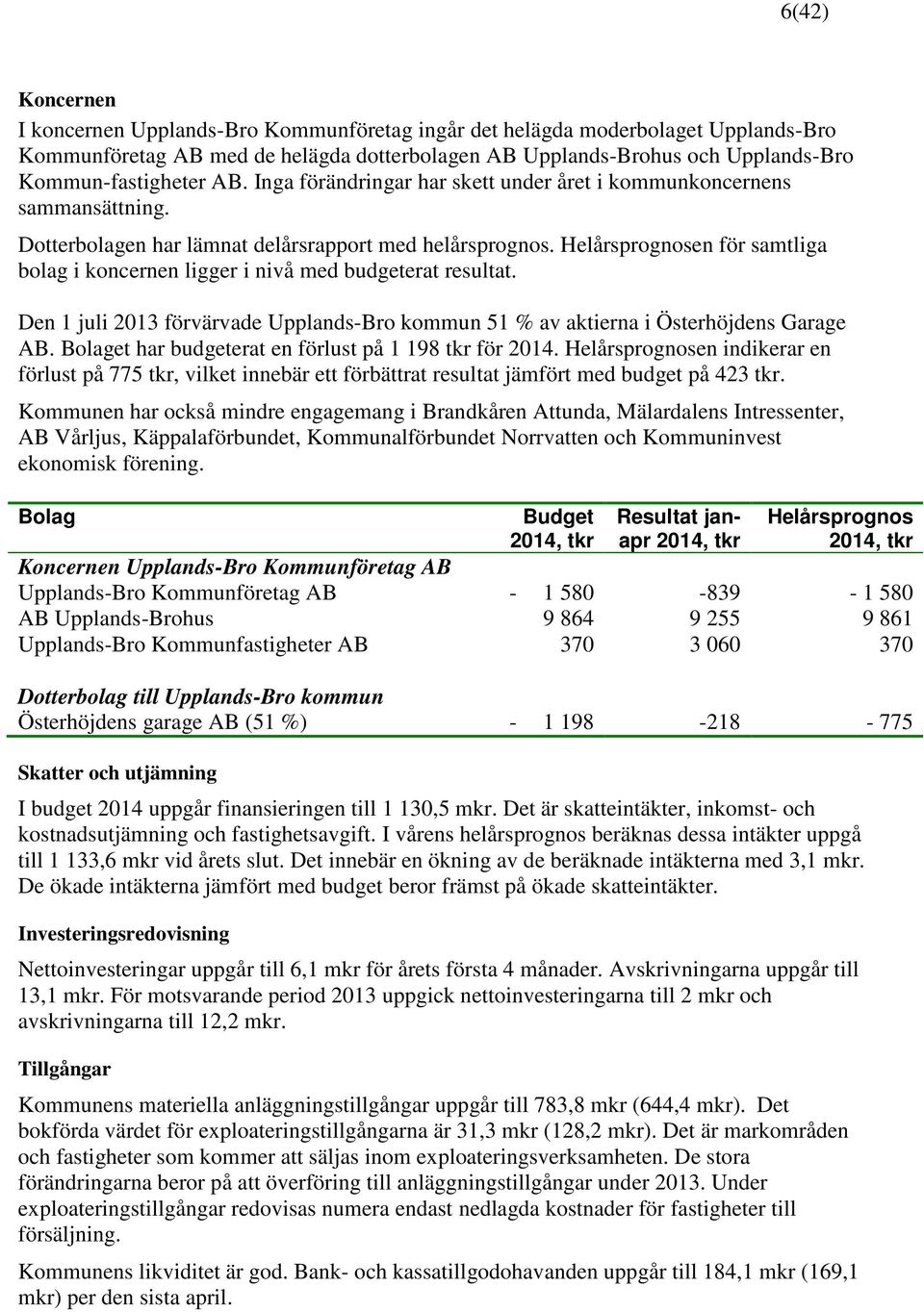 Helårsprognosen för samtliga bolag i koncernen ligger i nivå med budgeterat resultat. Den 1 juli 2013 förvärvade Upplands-Bro kommun 51 % av aktierna i Österhöjdens Garage AB.