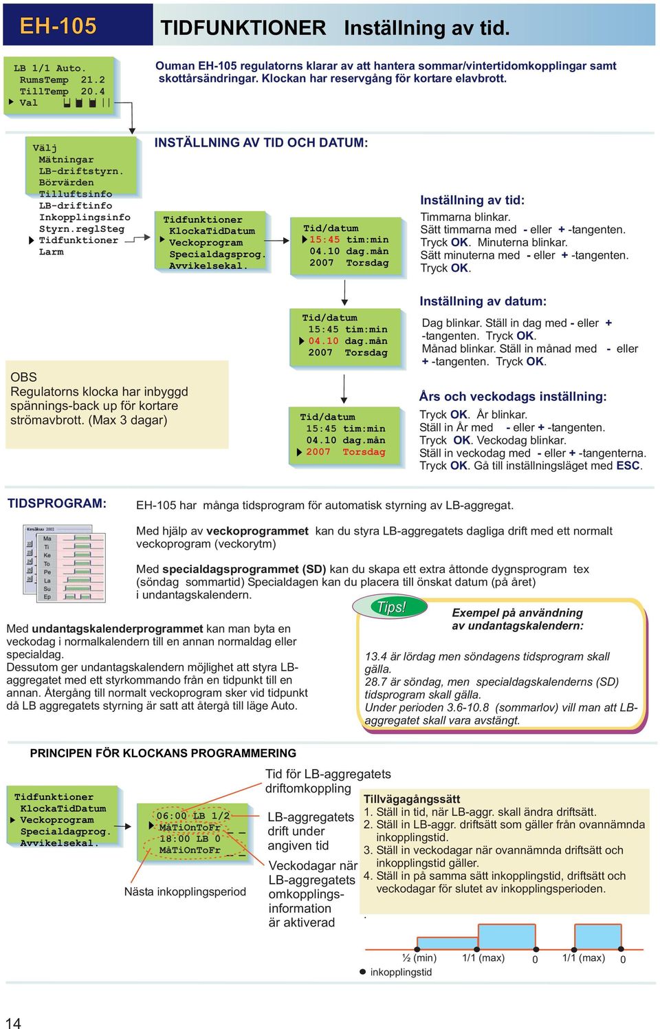 reglSteg Tidfunktioner Larm INSTÄLLNING AV TID OH DATUM: Tidfunktioner KlockaTidDatum Veckoprogram Specialdagsprog. Avvikelsekal. Tid/datum 15:45 tim:min 04.10 dag.