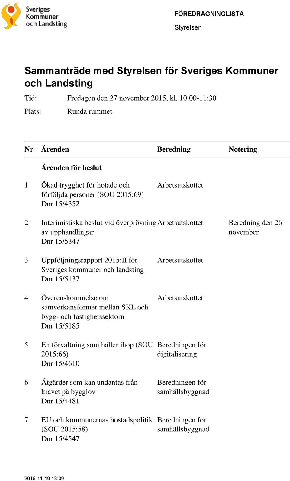 vid överprövning Arbetsutskottet Beredning den 26 av upphandlingar november Dnr 15/5347 3 Uppföljningsrapport 2015:II för Sveriges kommuner och landsting Dnr 15/5137 4 Överenskommelse om