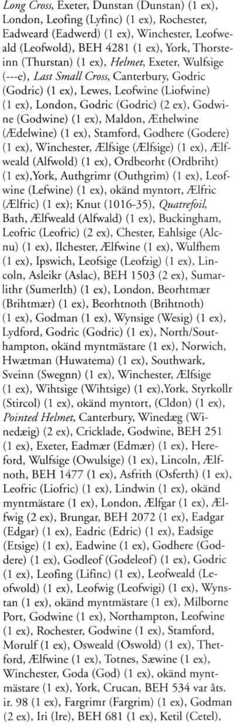 vethelwine (^Ldelwine) (1 ex), Stamford, Godhere (Godere) (1 ex), Winchester, ^lfsige GElfsige) (1 ex), Miweald (Alfwold) (1 ex), Ordbeorht (Ordbriht) (1 ex),york, Authgrimr (Outhgrim) (1 ex),