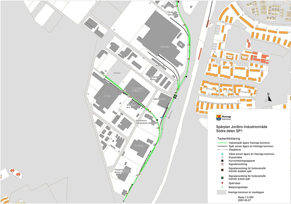 AB D E 46 45 Kaj Nilssons Fastighetsförvaltning AB 43 44 C 200 m 6 % Spårplan Jordbro Industriområde Södra delen SP1 Teckenförklaring KB Titania 42 52 Industrispår