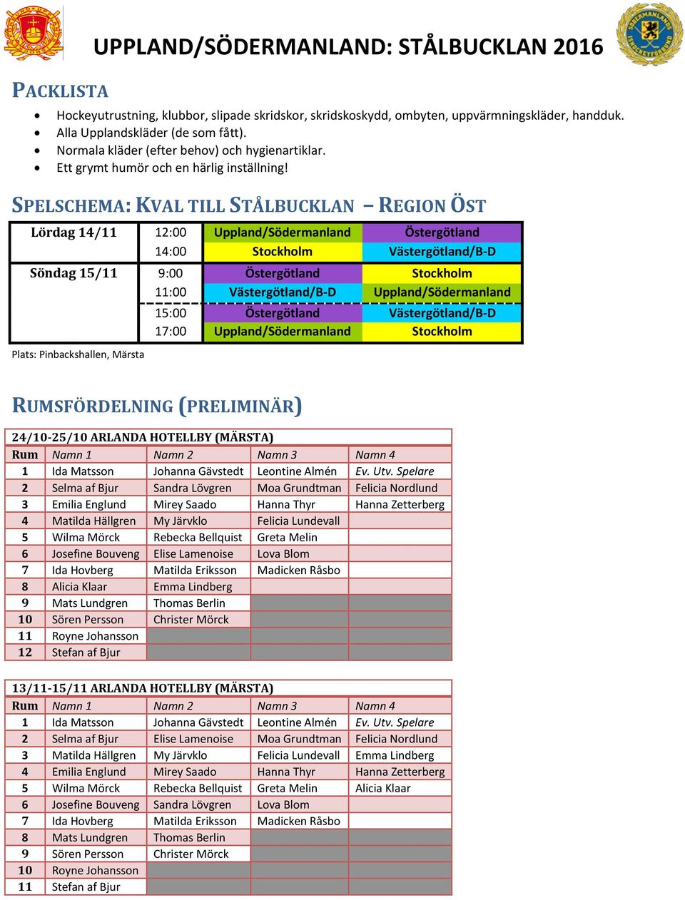 SPELSCHEMA: KVAL TILL STÅLBUCKLAN REGION ÖST Lördag 14/11 12:00 Uppland/Södermanland Östergötland 14:00 Stockholm Västergötland/B-D Söndag 15/11 9:00 Östergötland Stockholm 11:00 Västergötland/B-D