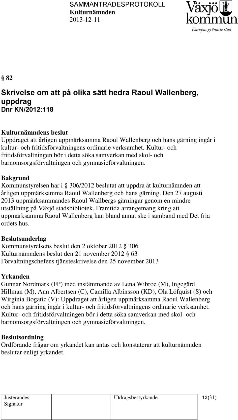 Kommunstyrelsen har i 306/2012 beslutat att uppdra åt kulturnämnden att årligen uppmärksamma Raoul Wallenberg och hans gärning.