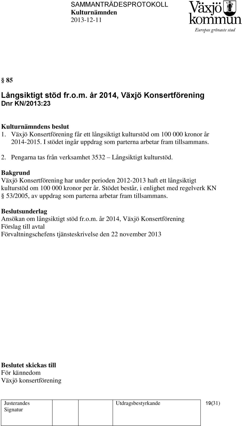 Växjö Konsertförening har under perioden 2012-2013 haft ett långsiktigt kulturstöd om 100 000 kronor per år.