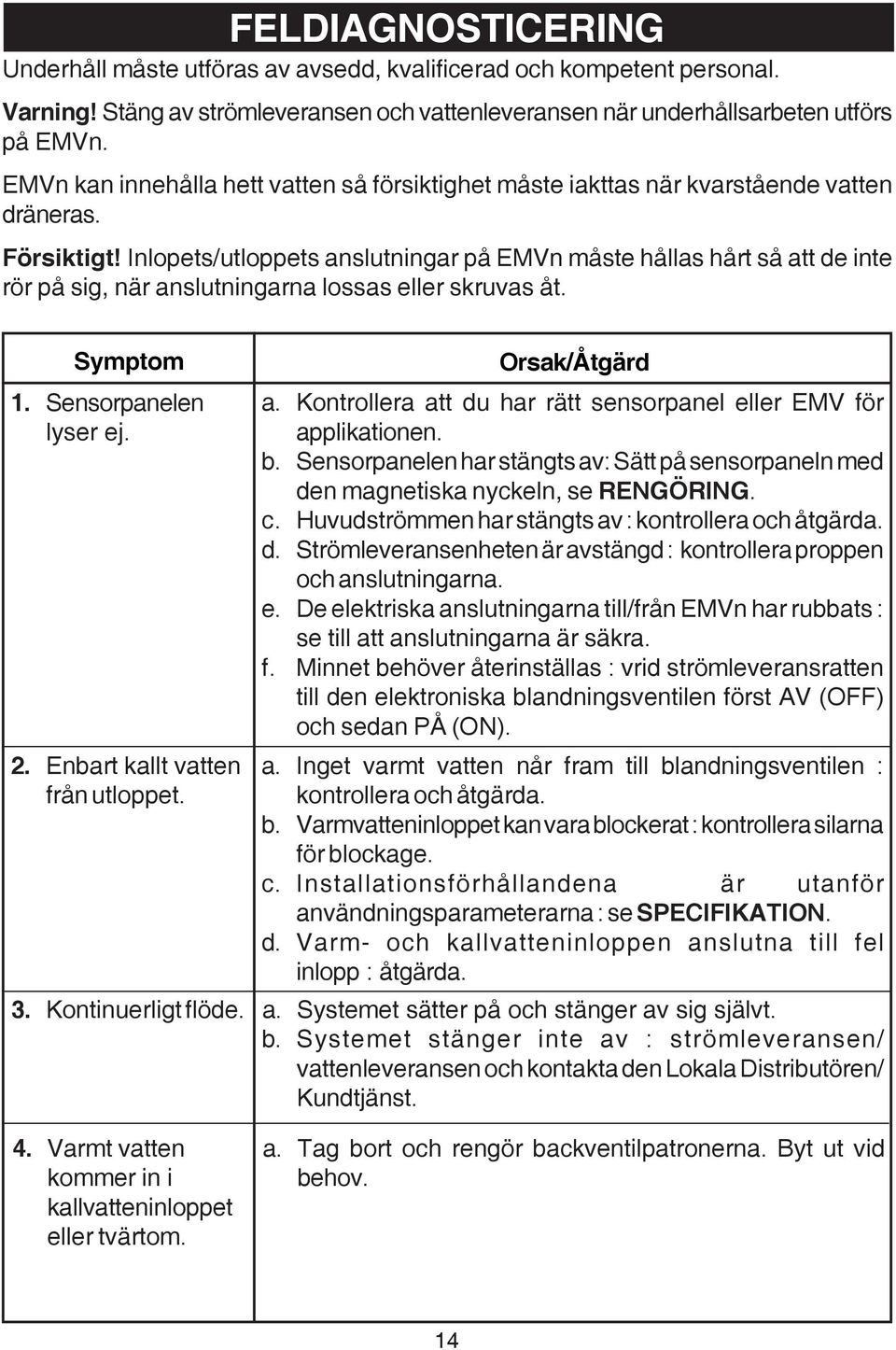 Inlopets/utloppets anslutningar på EMVn måste hållas hårt så att de inte rör på sig, när anslutningarna lossas eller skruvas åt. Symptom 1. Sensorpanelen lyser ej. 2.