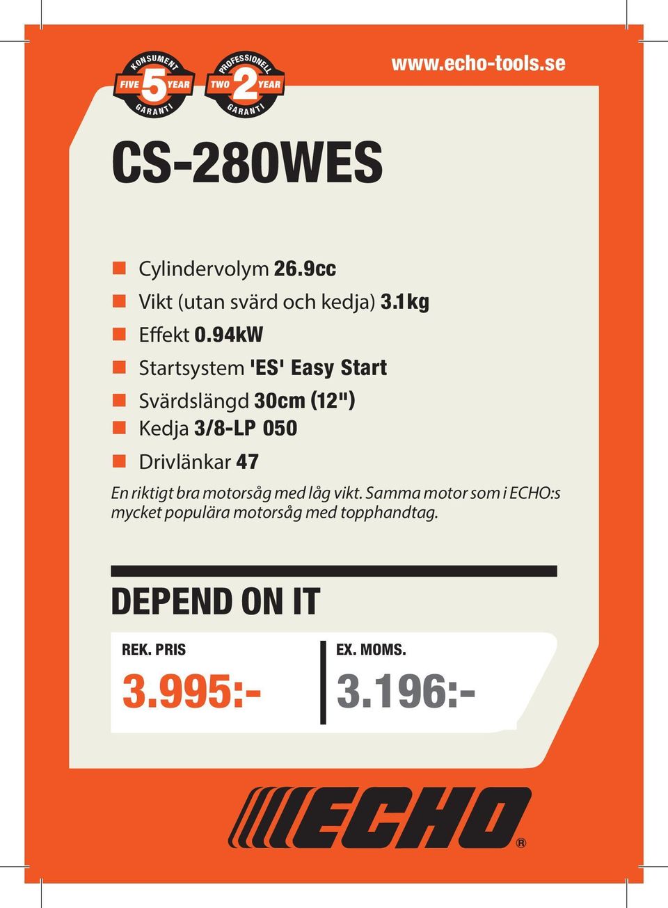 71kW 'ES' Easy Start Length Svärdslängd w/o cutting 30cm (12") head 1460mm Fuel Kedja tank 3/8-LP capacity 050 0.