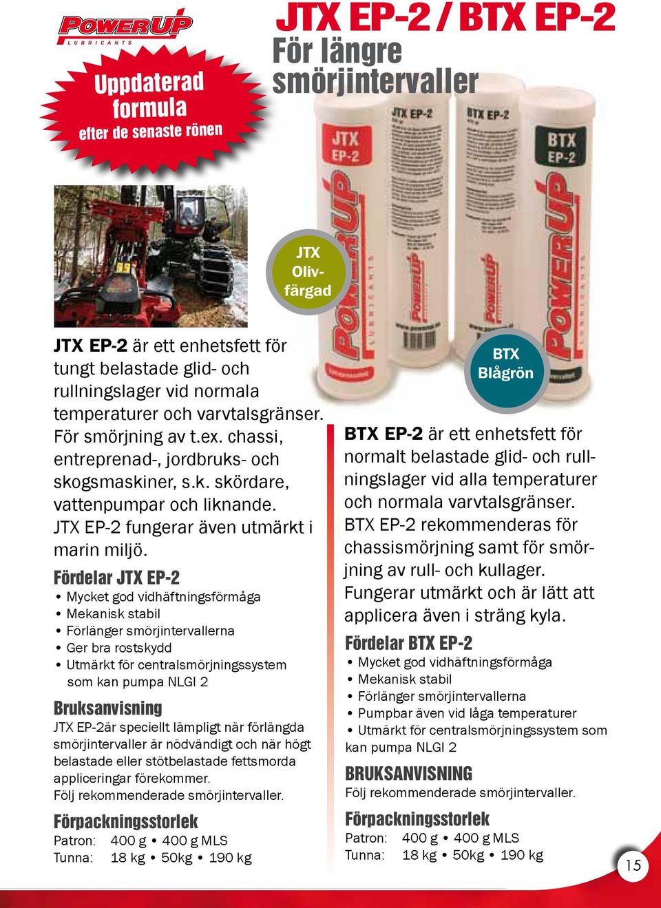 JTX EP-2 Mycket god vidhäftningsförmåga Mekanisk stabil Förlänger smörjintervallerna Ger bra rostskydd Utmärkt för centralsmörjningssystem som kan pumpa NLGI 2 Bruksanvisning JTX EP-2är speciellt