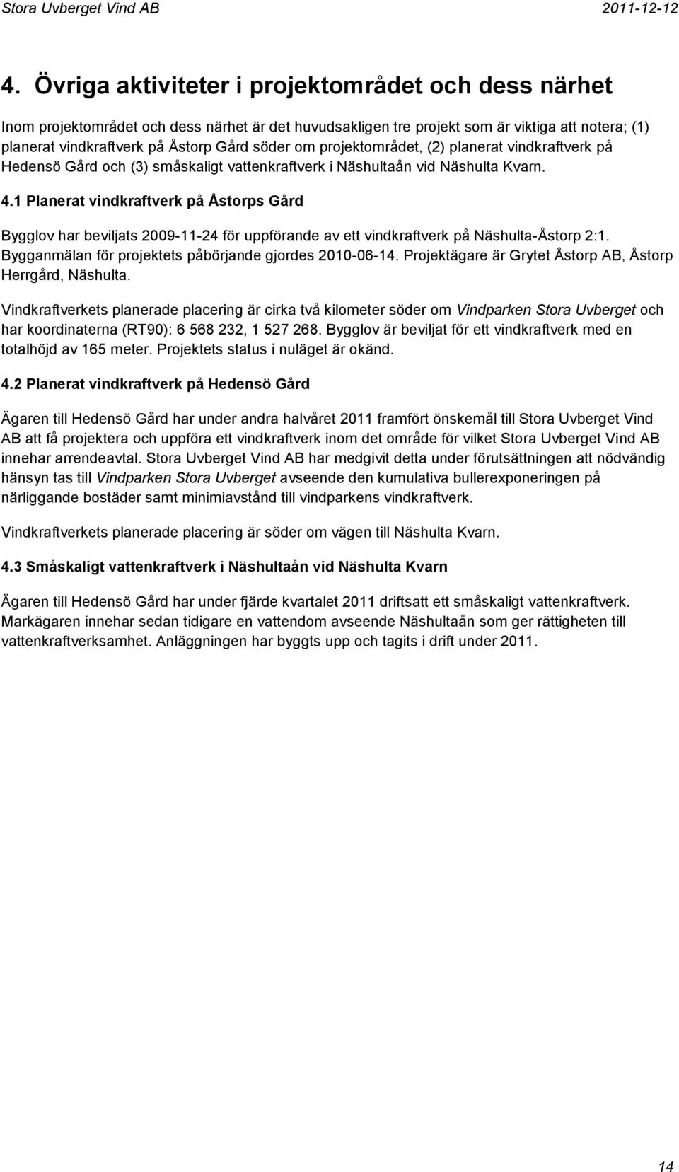 1 Planerat vindkraftverk på Åstorps Gård Bygglov har beviljats 2009-11-24 för uppförande av ett vindkraftverk på Näshulta-Åstorp 2:1. Bygganmälan för projektets påbörjande gjordes 2010-06-14.