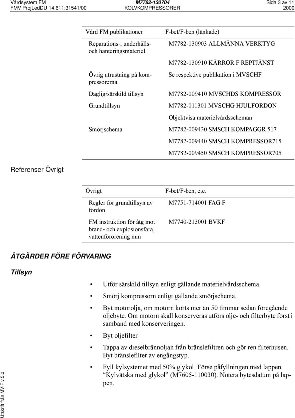 materielvårdsscheman Smörjschema M7782-009430 SMSCH KOMPAGGR 517 M7782-009440 SMSCH KOMPRESSOR715 M7782-009450 SMSCH KOMPRESSOR705 Övrigt Regler för grundtillsyn av fordon FM instruktion för åtg mot