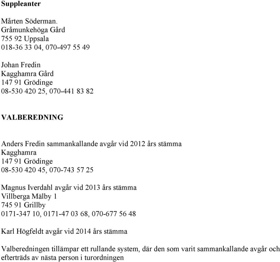 VALBEREDNING Anders Fredin sammankallande avgår vid 2012 års stämma Kagghamra 147 91 Grödinge 08-530 420 45, 070-743 57 25 Magnus Iverdahl