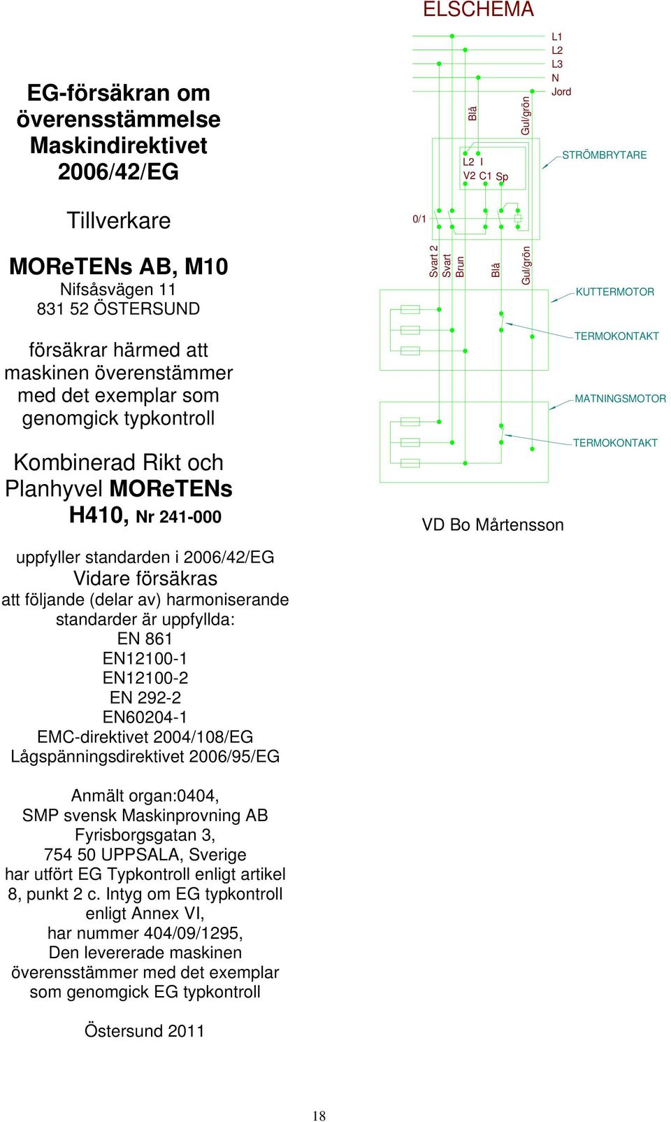 TERMOKONTAKT MATNINGSMOTOR TERMOKONTAKT uppfyller standarden i 2006/42/EG Vidare försäkras att följande (delar av) harmoniserande standarder är uppfyllda: EN 861 EN12100-1 EN12100-2 EN 292-2