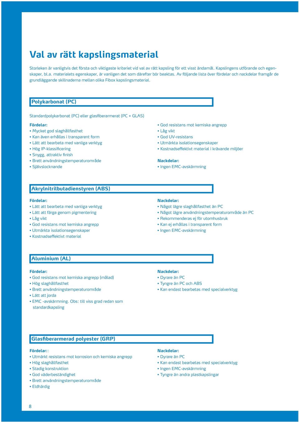 Polykarbonat (PC) Standardpolykarbonat (PC) eller glasfiberarmerat (PC + GLAS) Fördelar: Mycket god slaghållfasthet Kan även erhållas i transparent form Lätt att bearbeta med vanliga verktyg Hög