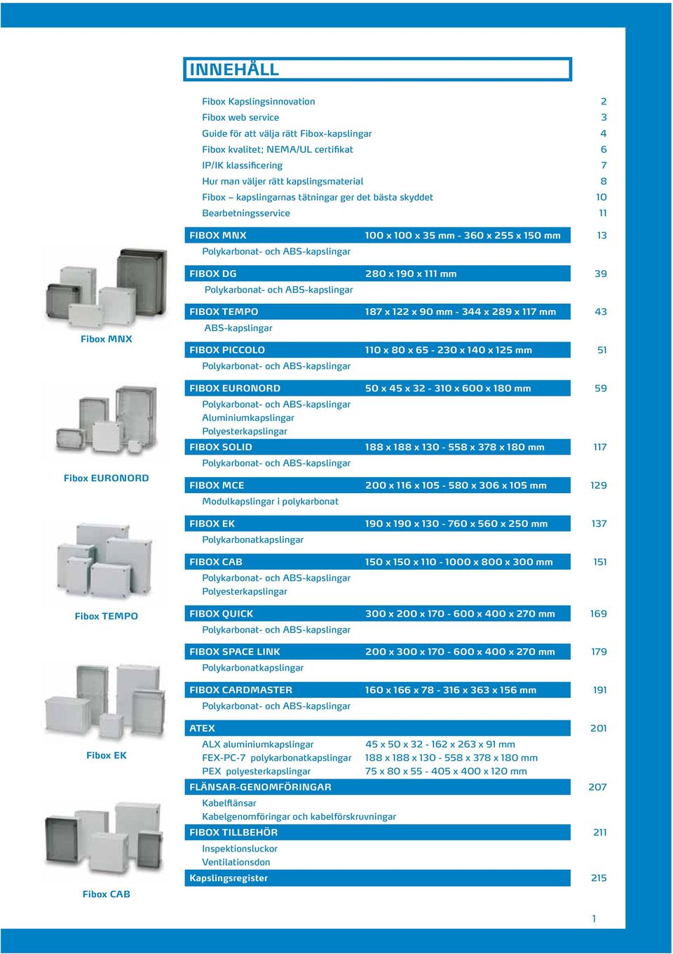 Polykarbonat- och ABS-kapslingar FIBOX TEMPO 187 x 122 x 90 mm - 344 x 289 x 117 mm 43 Fibox MNX ABS-kapslingar FIBOX PICCOLO 110 x 80 x 65-230 x 140 x 125 mm 51 Polykarbonat- och ABS-kapslingar