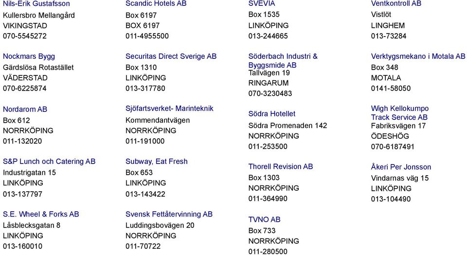 0141-58050 Nordarom AB Box 612 011-132020 Sjöfartsverket- Marinteknik Kommendantvägen 011-191000 Södra Hotellet Södra Promenaden 142 011-253500 Wigh Kellokumpo Track Service AB Fabriksvägen 17