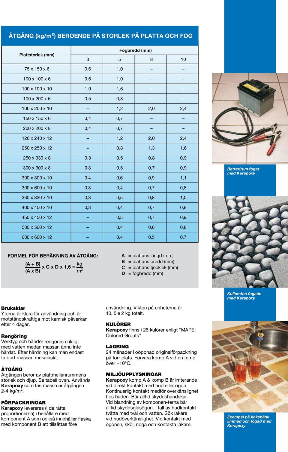 Kerapoxy 300 x 600 x 0,3 0,4 0,7 0,8 330 x 330 x 0,3 0,5 0,8 1,0 400 x 400 x 0,3 0,4 0,7 0,8 450 x 450 x 12 0,5 0,7 0,9 500 x 500 x 12 0,4 0,6 0,8 600 x 600 x 12 0,4 0,5 0,7 FORMEL FÖR BERÄKNING AV