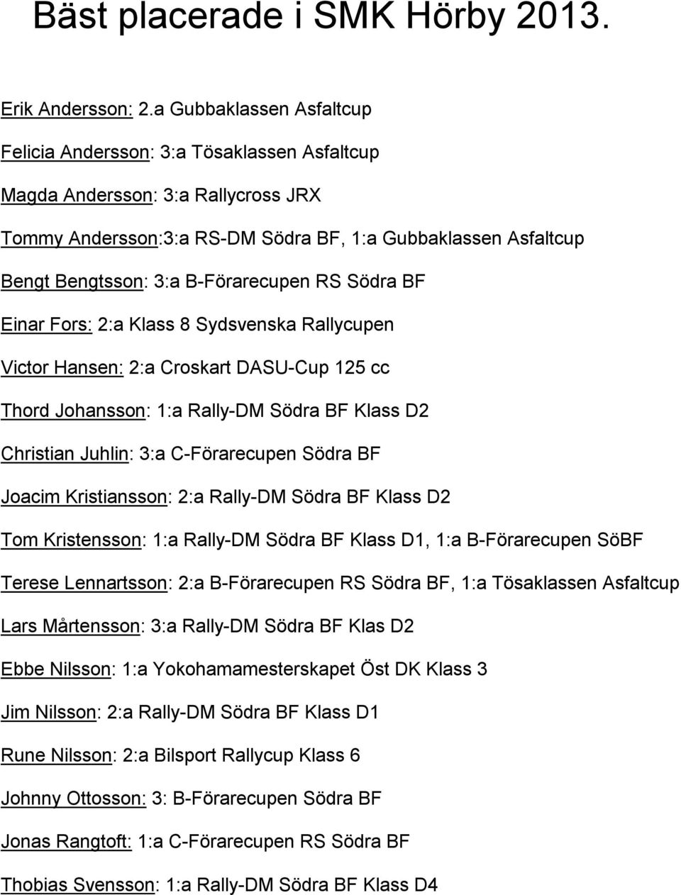 B-Förarecupen RS Södra BF Einar Fors: 2:a Klass 8 Sydsvenska Rallycupen Victor Hansen: 2:a Croskart DASU-Cup 125 cc Thord Johansson: 1:a Rally-DM Södra BF Klass D2 Christian Juhlin: 3:a C-Förarecupen