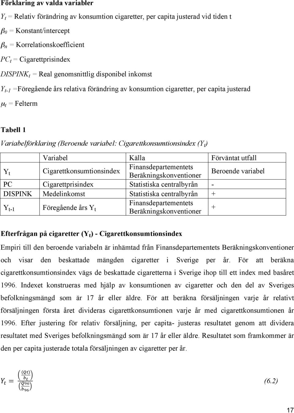 Cigarettkonsumtionsindex (Y t ) Variabel Källa Förväntat utfall Y t Cigarettkonsumtionsindex Finansdepartementets Beräkningskonventioner Beroende variabel PC Cigarettprisindex Statistiska