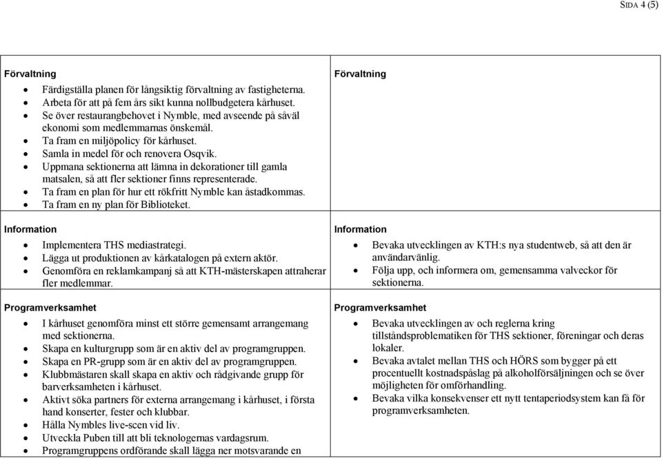 Uppmana sektionerna att lämna in dekorationer till gamla matsalen, så att fler sektioner finns representerade. Ta fram en plan för hur ett rökfritt Nymble kan åstadkommas.