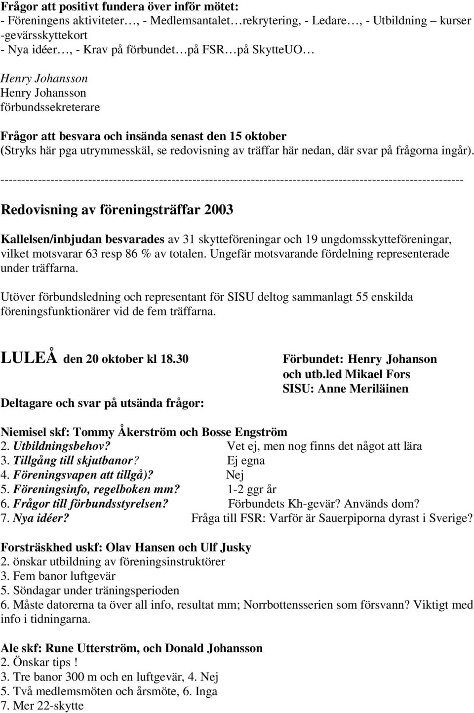 --------------------------------------------------------------------------------------------------------------- Redovisning av föreningsträffar 2003 Kallelsen/inbjudan besvarades av 31