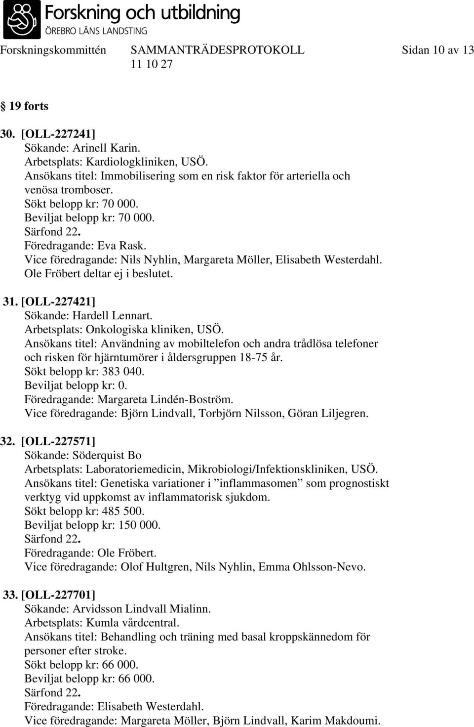 Vice föredragande: Nils Nyhlin, Margareta Möller, Elisabeth Westerdahl. Ole Fröbert deltar ej i beslutet. 31. [OLL-227421] Sökande: Hardell Lennart. Arbetsplats: Onkologiska kliniken, USÖ.