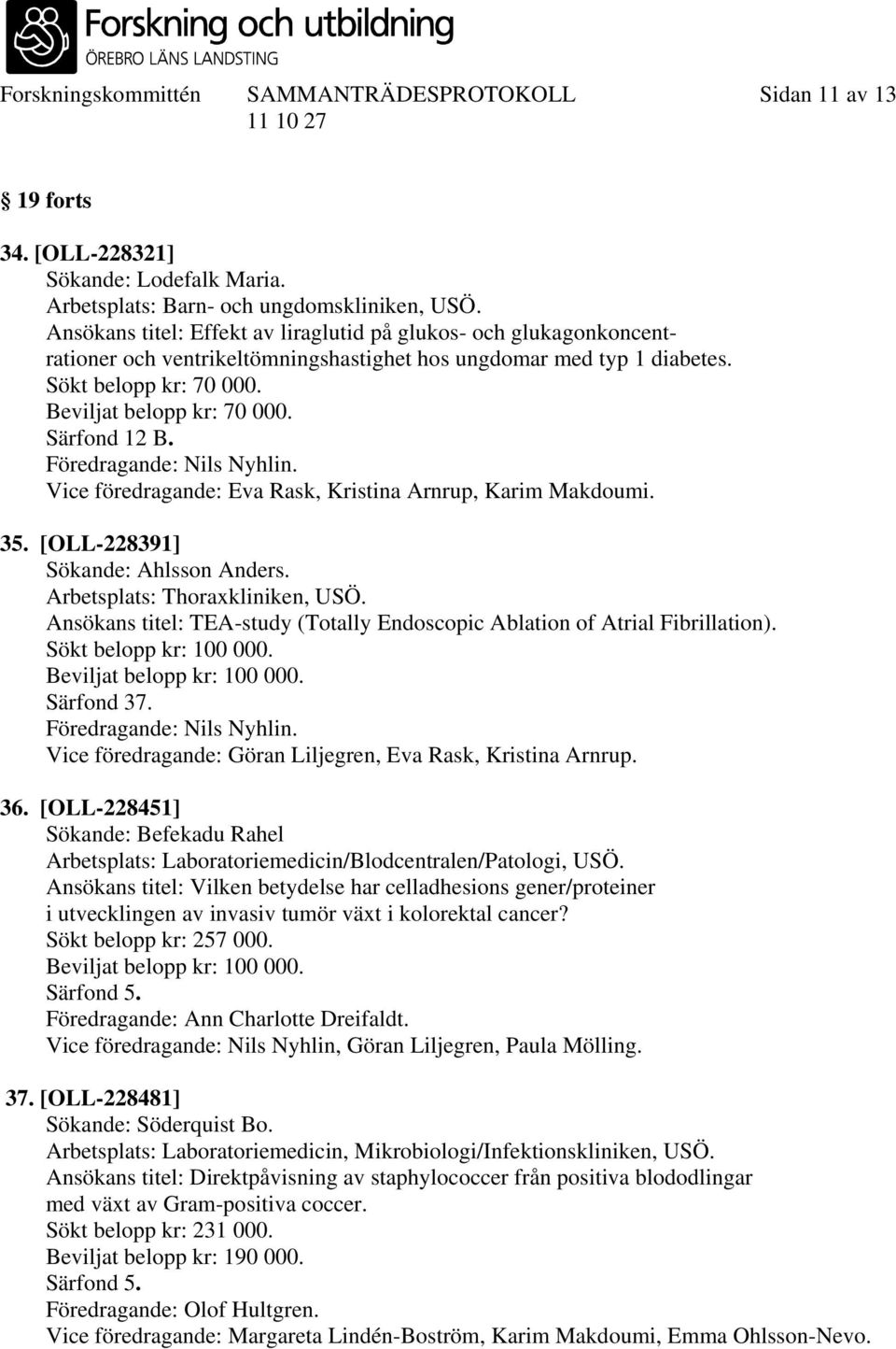 Särfond 12 B. Föredragande: Nils Nyhlin. Vice föredragande: Eva Rask, Kristina Arnrup, Karim Makdoumi. 35. [OLL-228391] Sökande: Ahlsson Anders. Arbetsplats: Thoraxkliniken, USÖ.