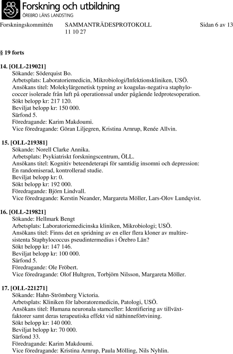 Beviljat belopp kr: 150 000. Föredragande: Karim Makdoumi. Vice föredragande: Göran Liljegren, Kristina Arnrup, Renée Allvin. 15. [OLL-219381] Sökande: Norell Clarke Annika.