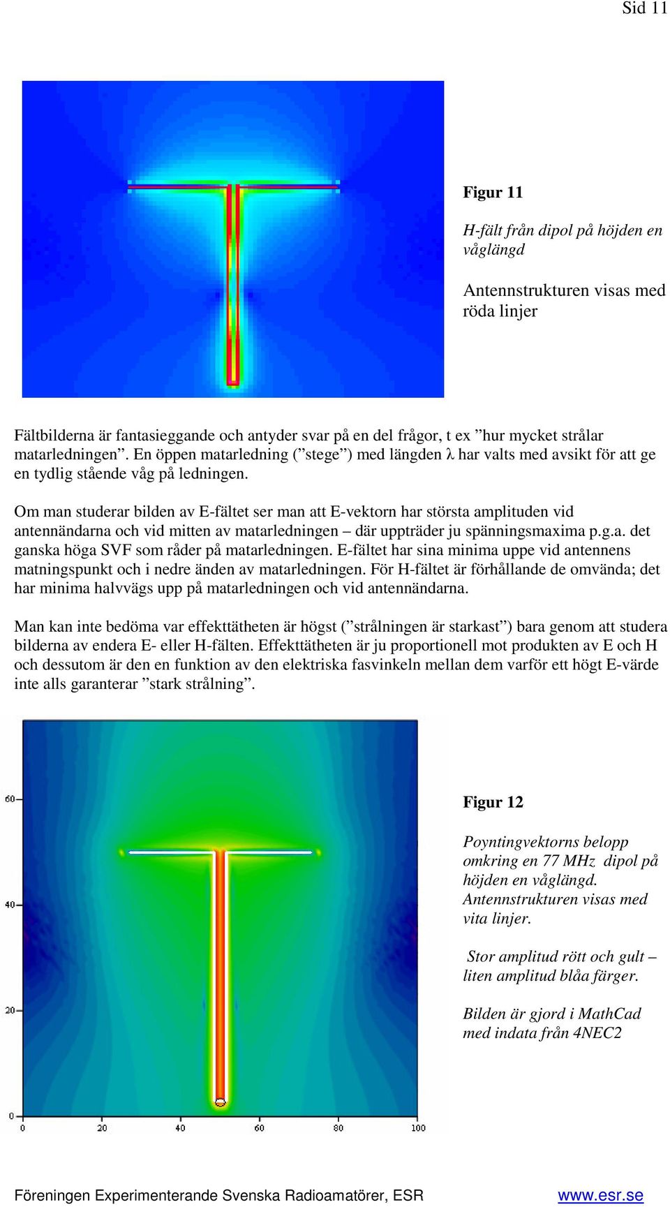 Om man studerar bilden av E-fältet ser man att E-vektorn har största amplituden vid antennändarna och vid mitten av matarledningen där uppträder ju spänningsmaxima p.g.a. det ganska höga SVF som råder på matarledningen.