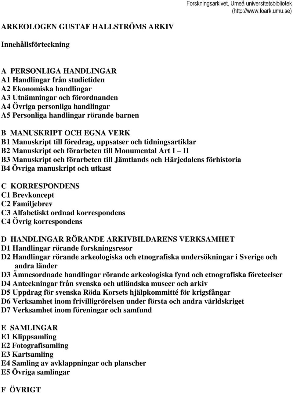 förarbeten till Jämtlands och Härjedalens förhistoria B4 Övriga manuskript och utkast C KORRESPONDENS C1 Brevkoncept C2 Familjebrev C3 Alfabetiskt ordnad korrespondens C4 Övrig korrespondens D