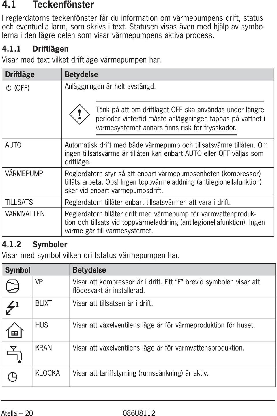 Driftläge (OFF) Betydelse Anläggningen är helt avstängd.