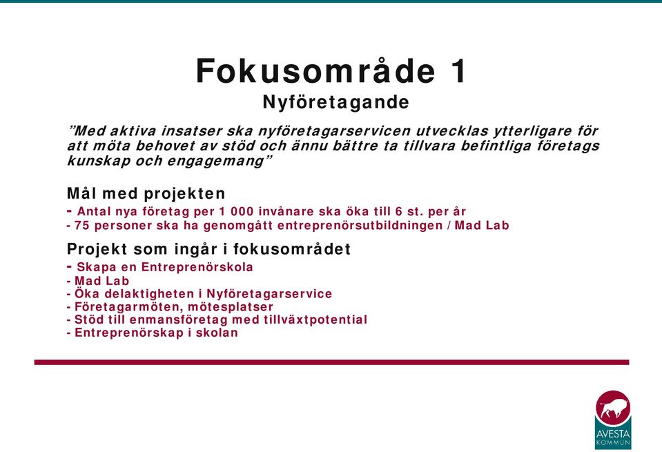 per år - 75 personer ska ha genomgått entreprenörsutbildningen / Mad Lab Projekt som ingår i fokusområdet - Skapa en Entreprenörskola - Mad