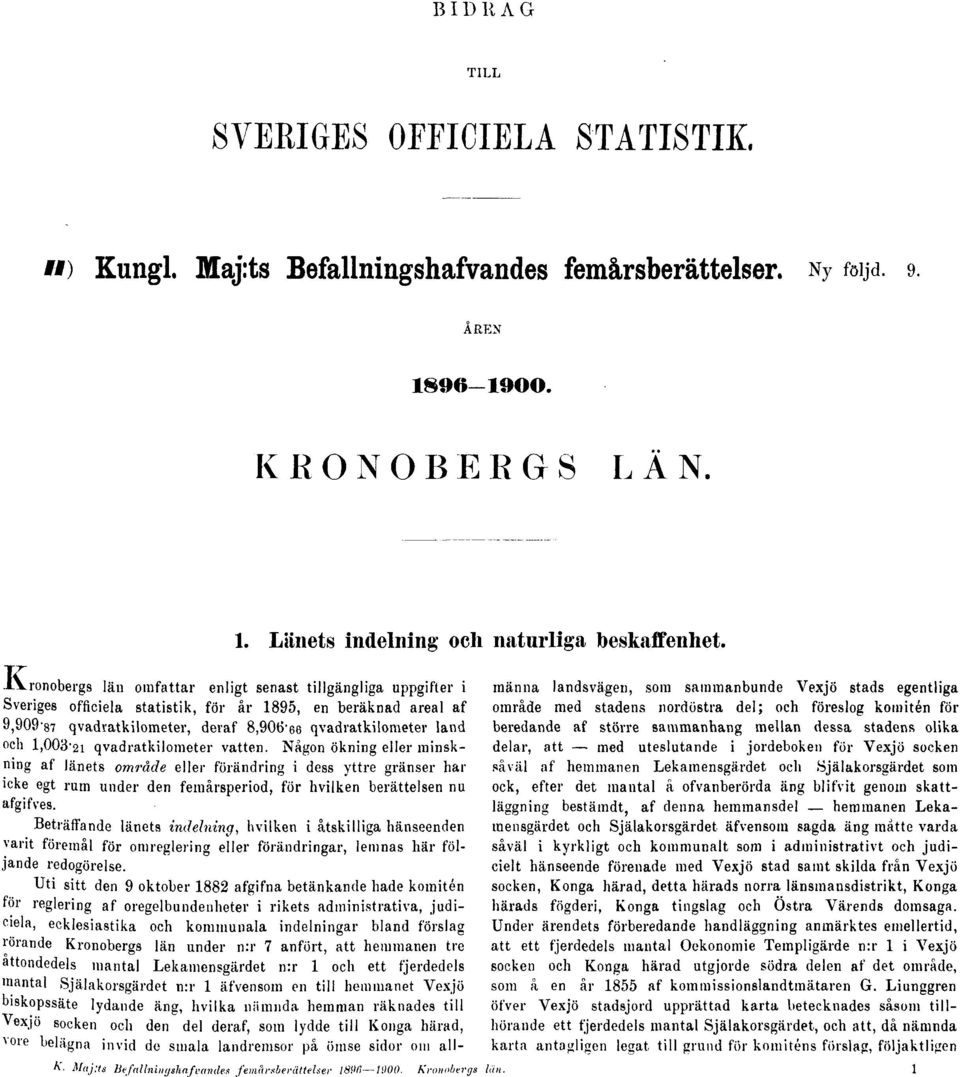 1,00321 qvadratkilometer vatten. Någon ökning eller minskning af länets område eller förändring i dess yttre gränser har icke egt rum under den femårsperiod, för hvilken berättelsen nu afgifves.