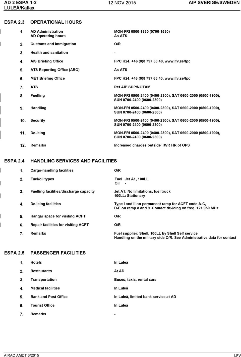 ATS Ref AIP SUP/NOTAM 8. Fuelling MONFRI 05002400 (04002300), SAT 06002000 (05001900), SUN 07002400 (06002300) 9.