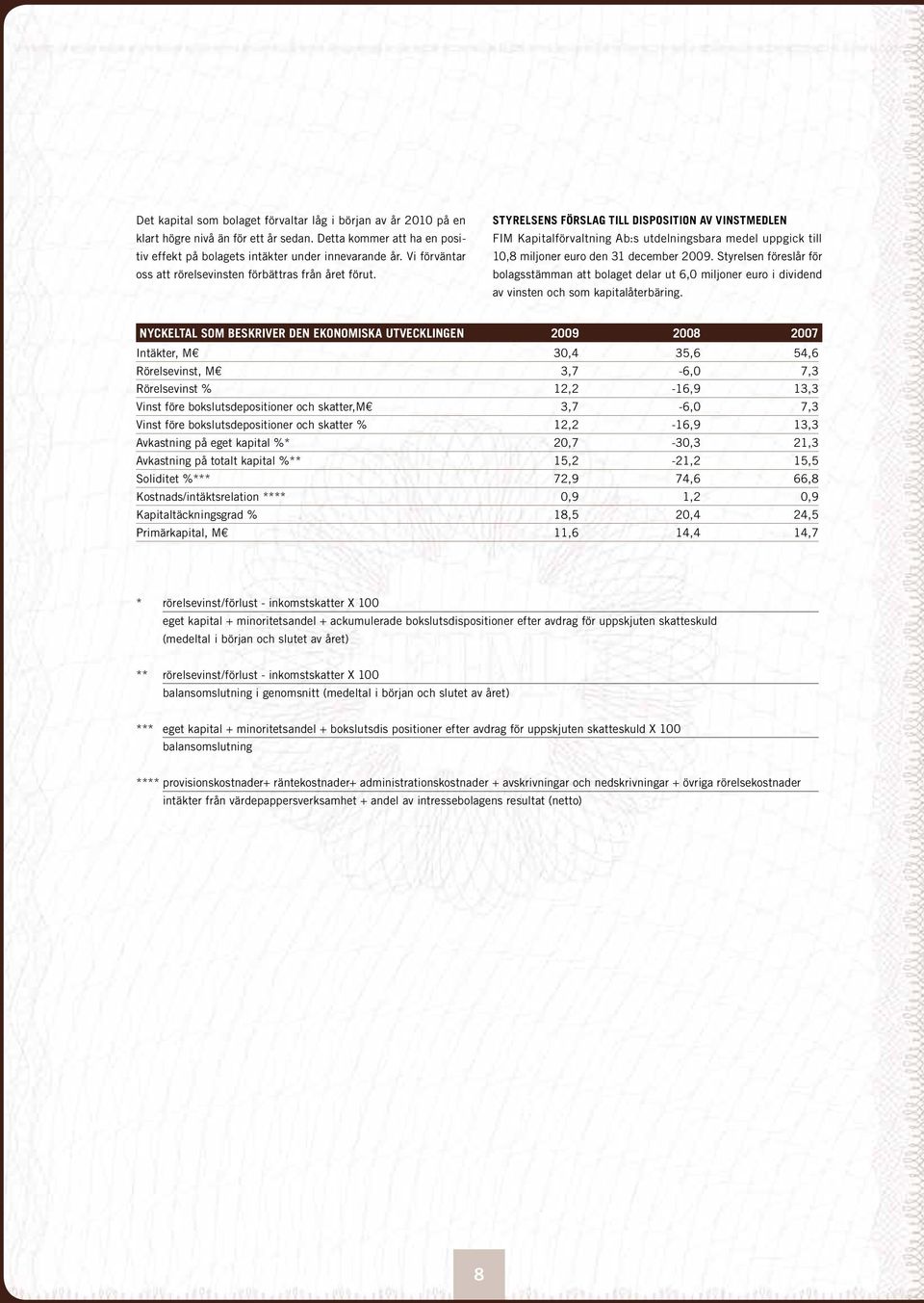 STYRELSENS FÖRSLAG TILL DISPOSITION AV VINSTMEDLEN FIM Kapitalförvaltning Ab:s utdelningsbara medel uppgick till 10,8 miljoner euro den 31 december 2009.