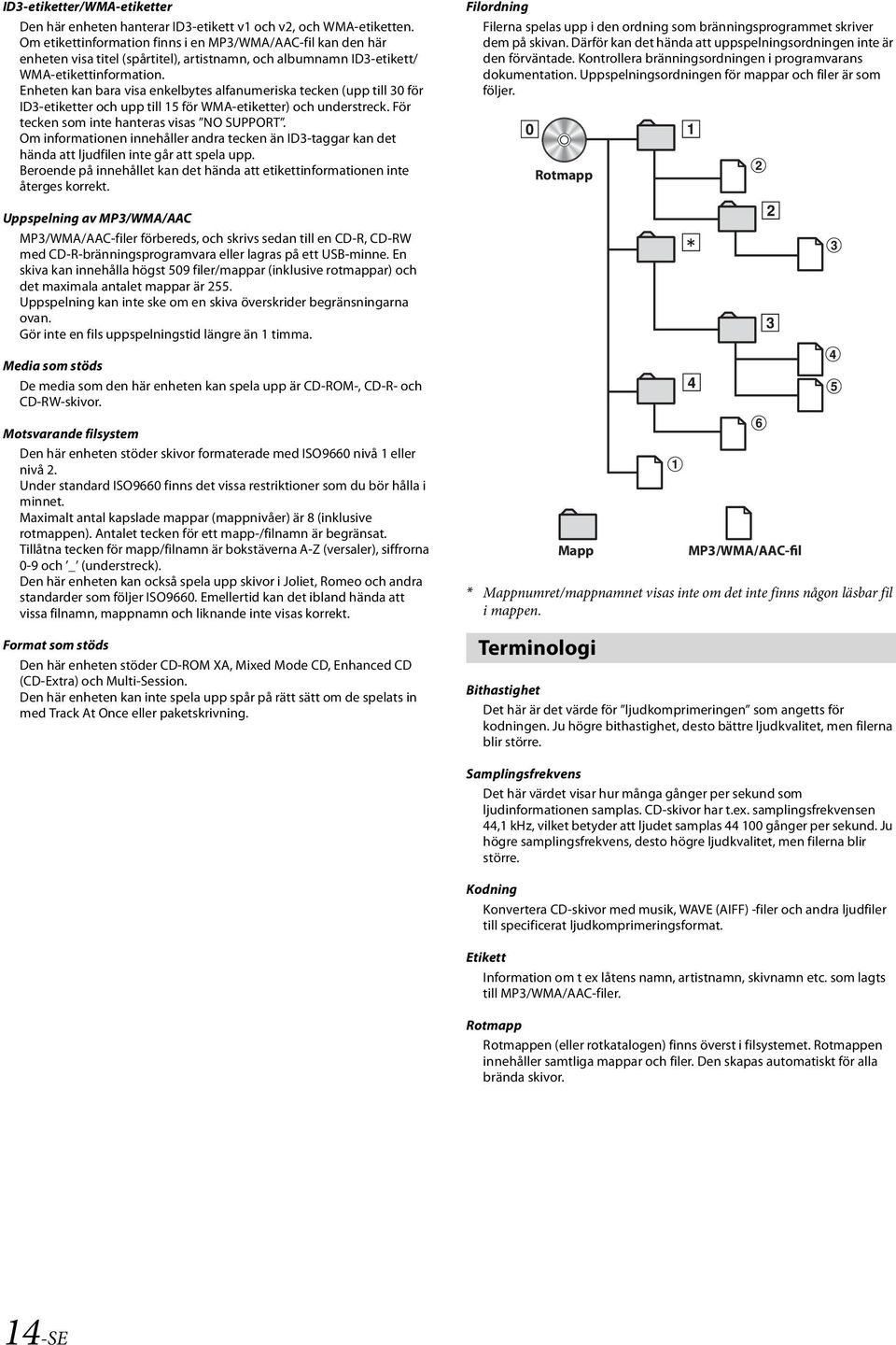 Enheten kan bara visa enkelbytes alfanumeriska tecken (upp till 30 för ID3-etiketter och upp till 15 för WMA-etiketter) och understreck. För tecken som inte hanteras visas NO SUPPORT.