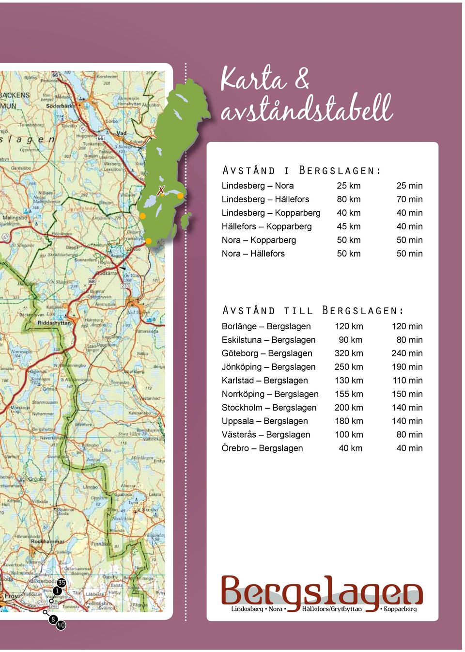 Bergslagen 90 km 80 min Göteborg Bergslagen 320 km 240 min Jönköping Bergslagen 250 km 190 min Karlstad Bergslagen 130 km 110 min Norrköping Bergslagen