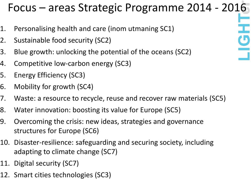 Waste: a resource to recycle, reuse and recover raw materials (SC5) 8. Water innovation: boosting its value for Europe (SC5) 9.