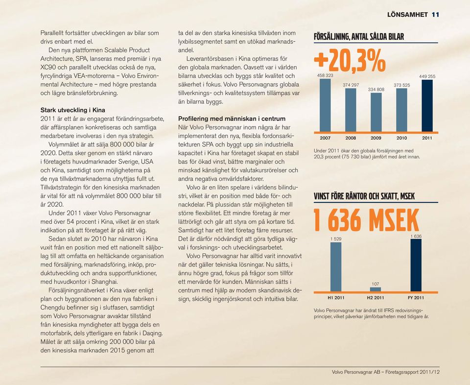 prestanda och lägre bränsleförbrukning. Stark utveckling i Kina 2011 är ett år av engagerat förändringsarbete, där affärsplanen konkretiseras och samtliga medarbetare involveras i den nya strategin.
