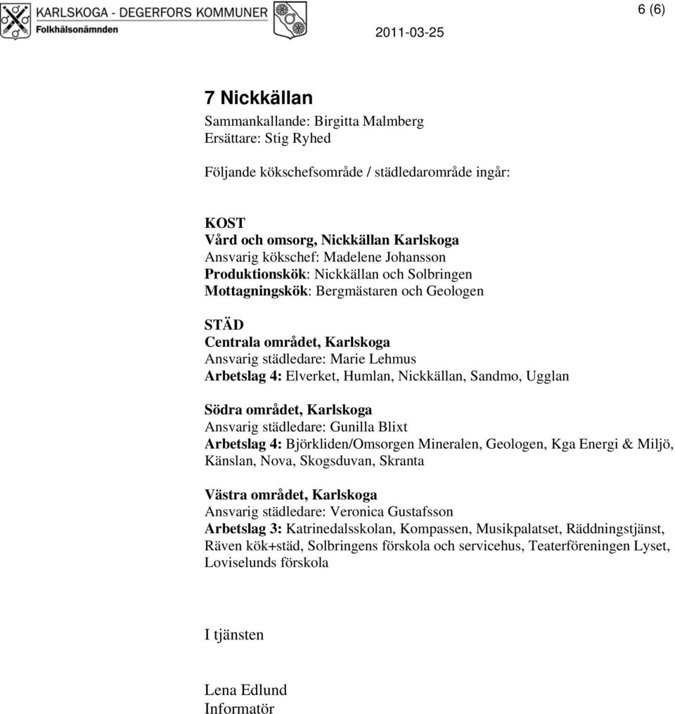 städledare: Gunilla Blixt Arbetslag 4: Björkliden/Omsorgen Mineralen, Geologen, Kga Energi & Miljö, Känslan, Nova, Skogsduvan, Skranta Västra området, Karlskoga Ansvarig städledare: Veronica