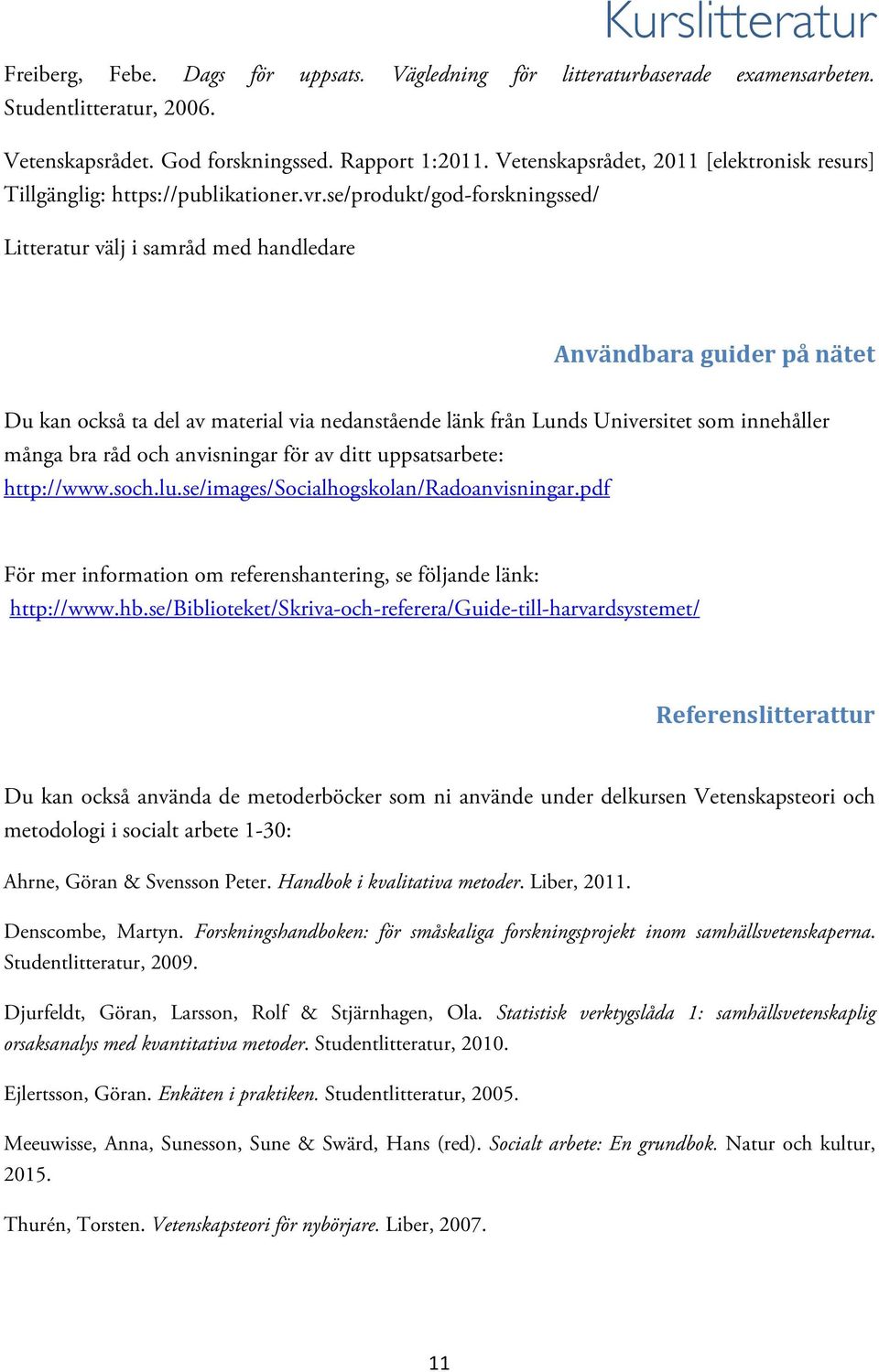 se/produkt/god-forskningssed/ Litteratur välj i samråd med handledare Användbara guider på nätet Du kan också ta del av material via nedanstående länk från Lunds Universitet som innehåller många bra