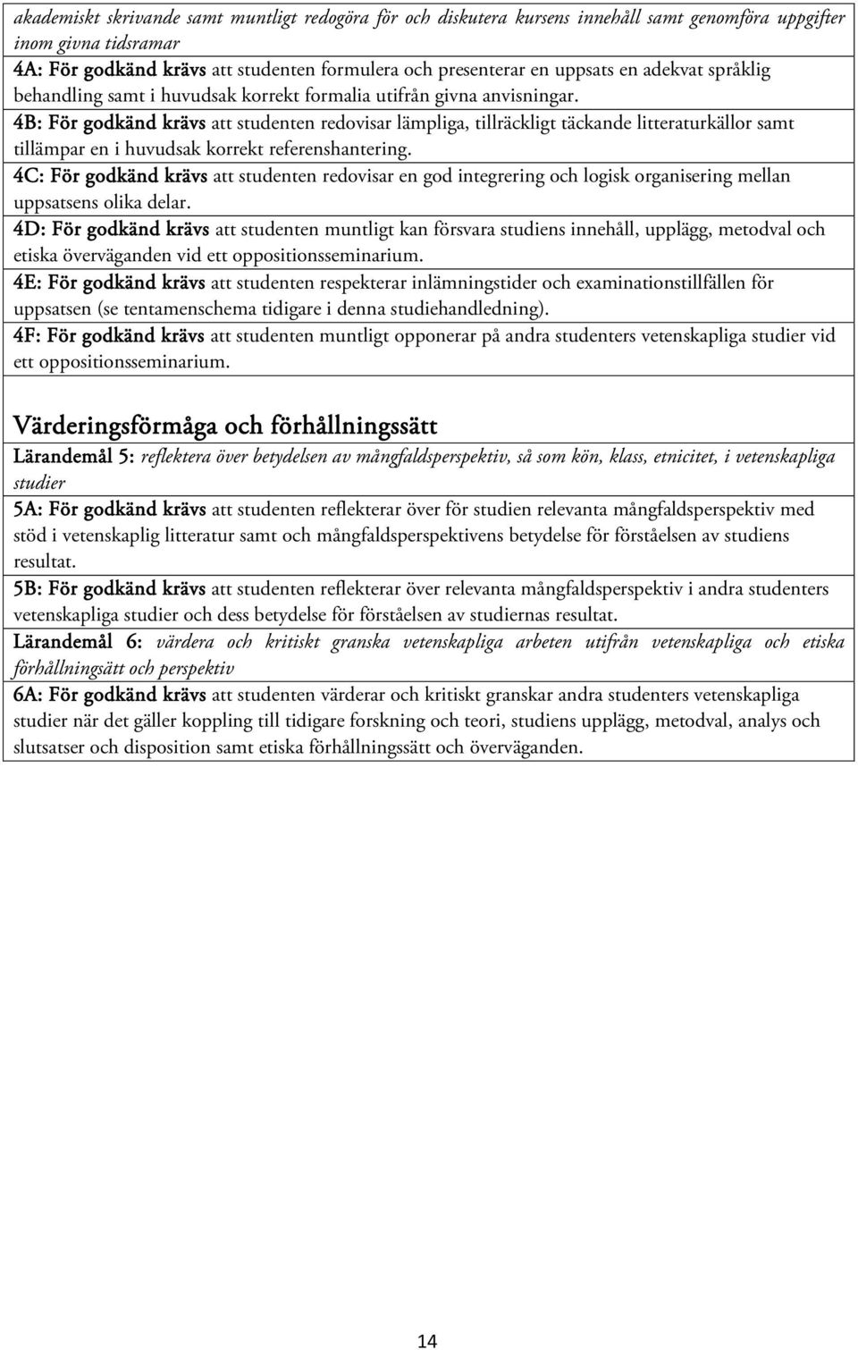 4B: För godkänd krävs att studenten redovisar lämpliga, tillräckligt täckande litteraturkällor samt tillämpar en i huvudsak korrekt referenshantering.