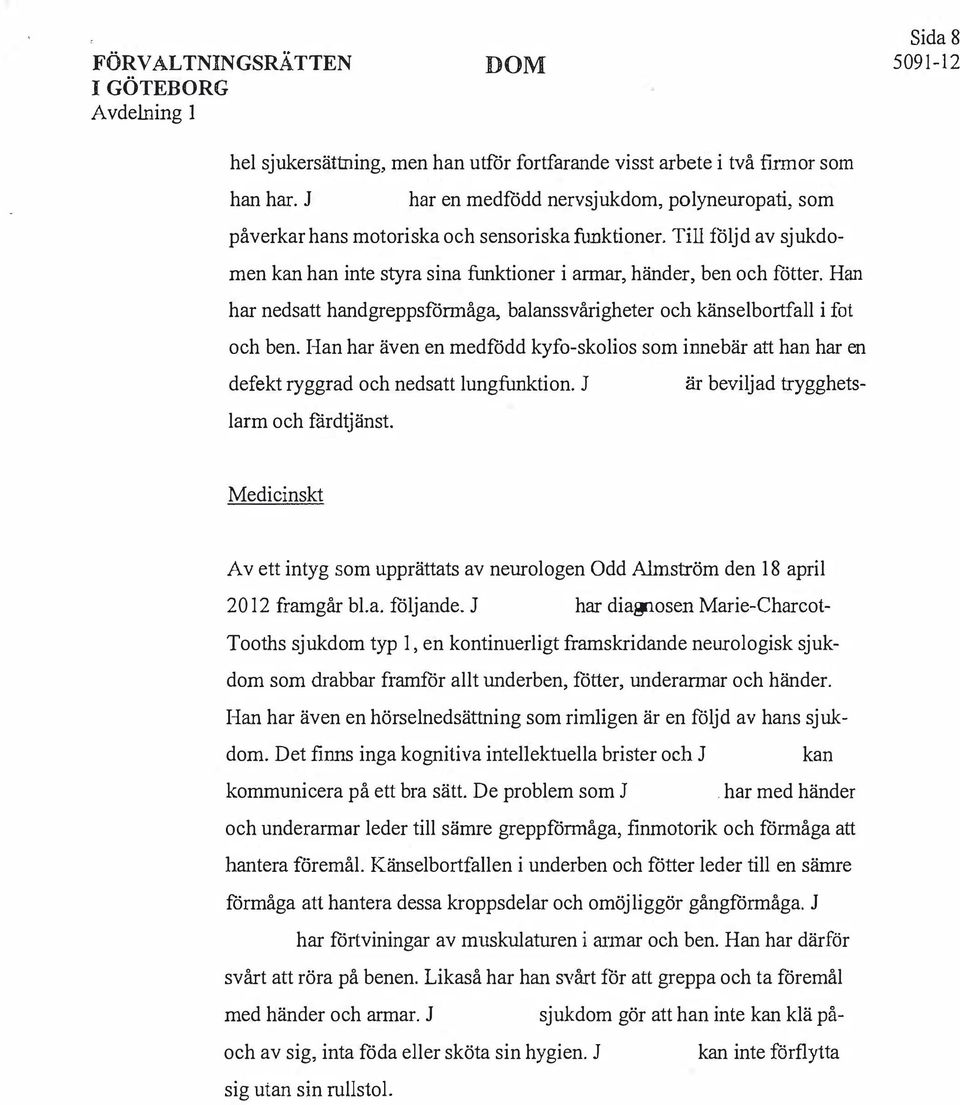 Han har nedsatt handgreppsförmåga, balanssvårigheter och känselbortfall i fot och ben. Han har även en medfödd kyfo-skolios som innebär att han har en defekt ryggrad och nedsatt lungfunktion.