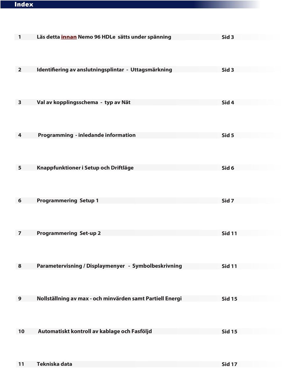 6 Programmering etup id 7 7 Programmering et-up id 8 Parametervisning / Displaymenyer - ymbolbeskrivning id 9