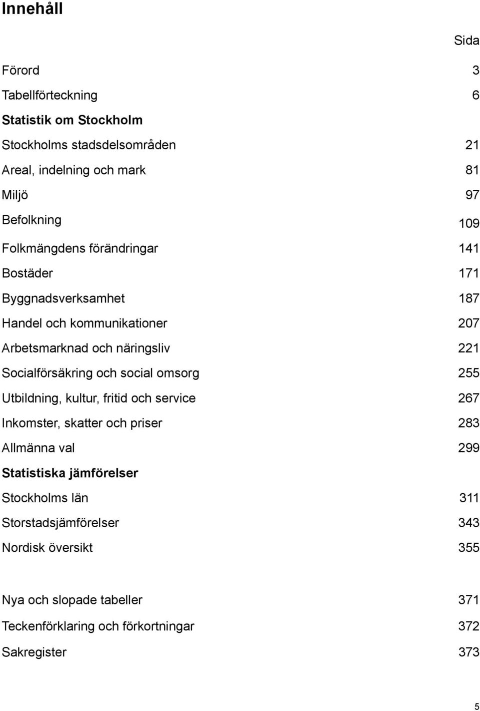 Socialförsäkring och social omsorg 255 Utbildning, kultur, fritid och service 267 Inkomster, skatter och priser 283 Allmänna val 299 Statistiska