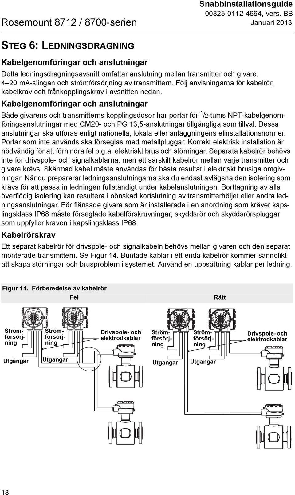 Kabelgenomföringar och anslutningar Både givarens och transmitterns kopplingsdosor har portar för 1 /2-tums NPT-kabelgenomföringsanslutningar med CM20- och PG 13,5-anslutningar tillgängliga som