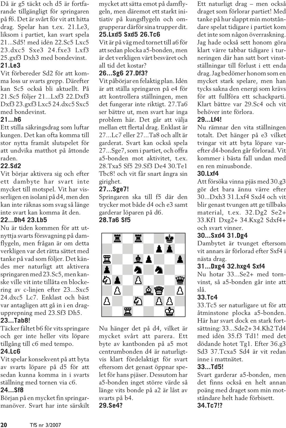 Dxf3 Dxf3 23.gxf3 Lxc5 24.dxc5 Sxc5 med bondevinst. 21...h6 Ett stilla säkringsdrag som luftar kungen. Det kan ofta komma till stor nytta framåt slutspelet för att undvika matthot på åttonde raden.