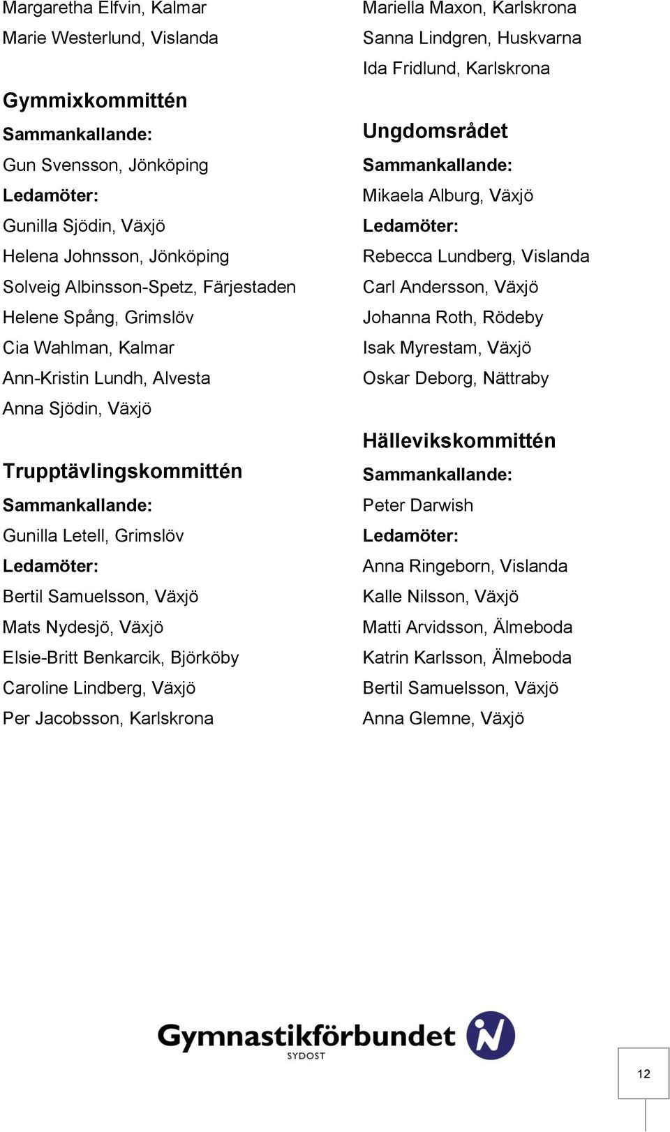 Växjö Mats Nydesjö, Växjö Elsie-Britt Benkarcik, Björköby Caroline Lindberg, Växjö Per Jacobsson, Karlskrona Mariella Maxon, Karlskrona Sanna Lindgren, Huskvarna Ida Fridlund, Karlskrona Ungdomsrådet