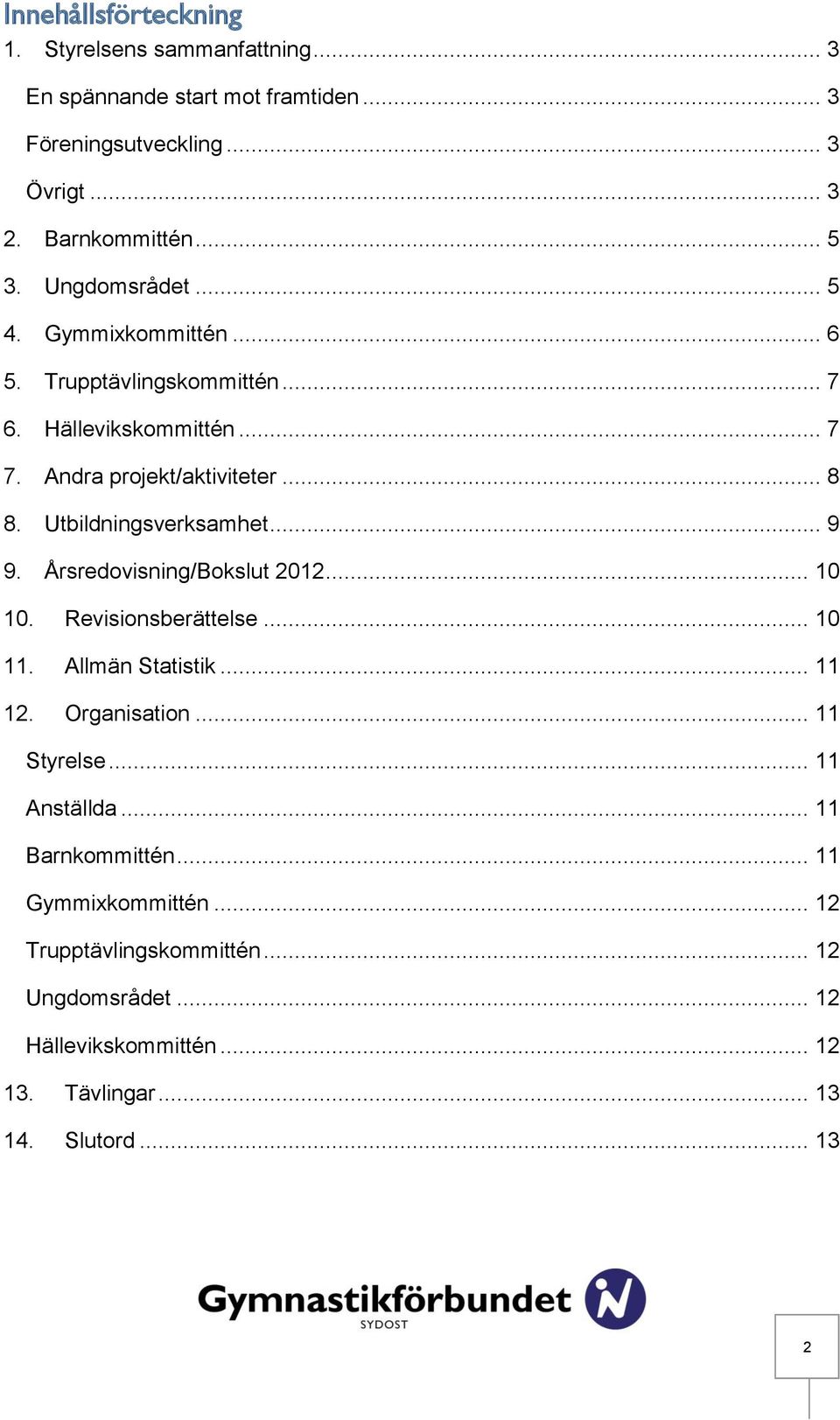 Utbildningsverksamhet... 9 9. Årsredovisning/Bokslut 2012... 10 10. Revisionsberättelse... 10 11. Allmän Statistik... 11 12. Organisation... 11 Styrelse.