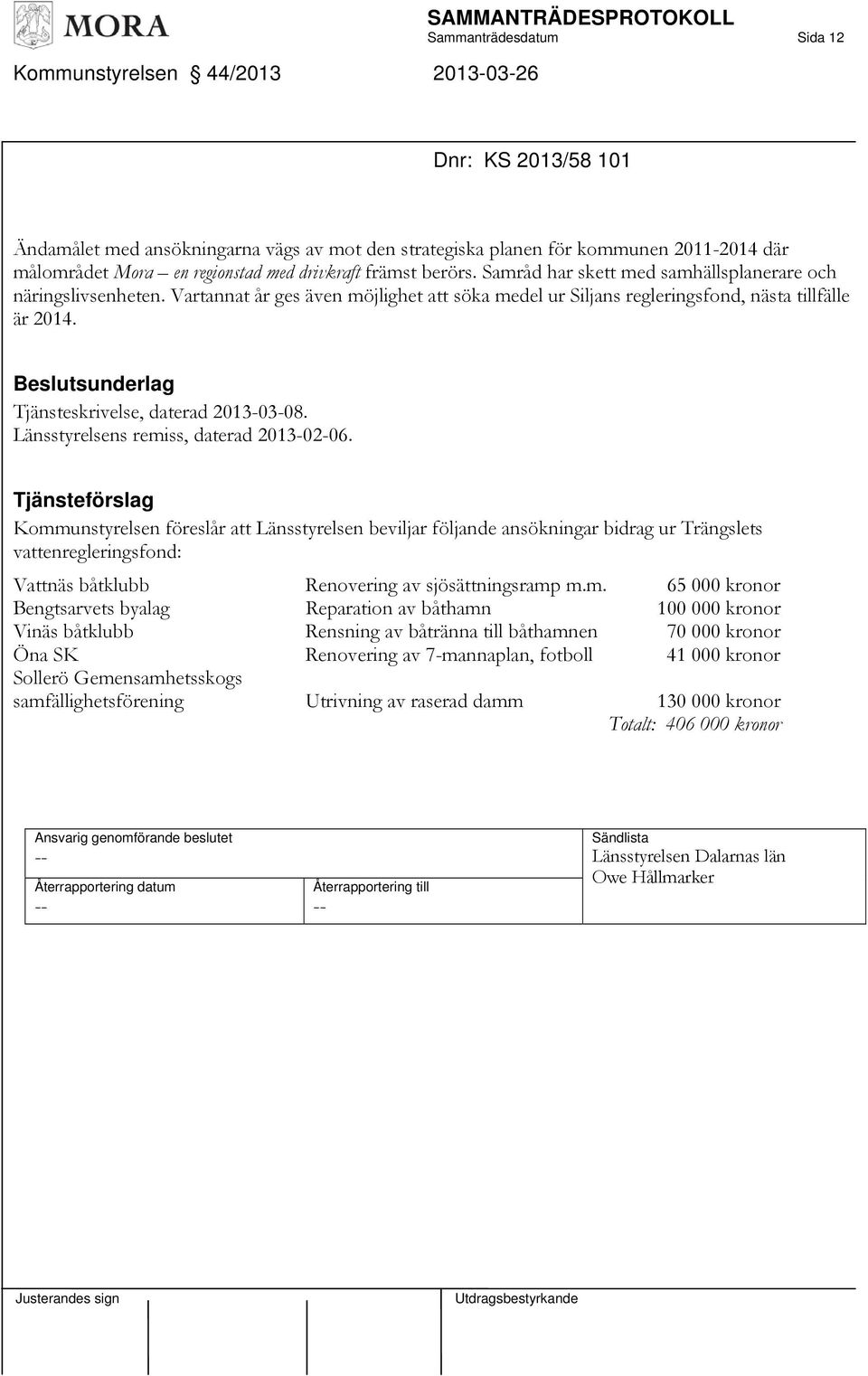 Vartannat år ges även möjlighet att söka medel ur Siljans regleringsfond, nästa tillfälle är 2014. Beslutsunderlag Tjänsteskrivelse, daterad 2013-03-08. Länsstyrelsens remiss, daterad 2013-02-06.