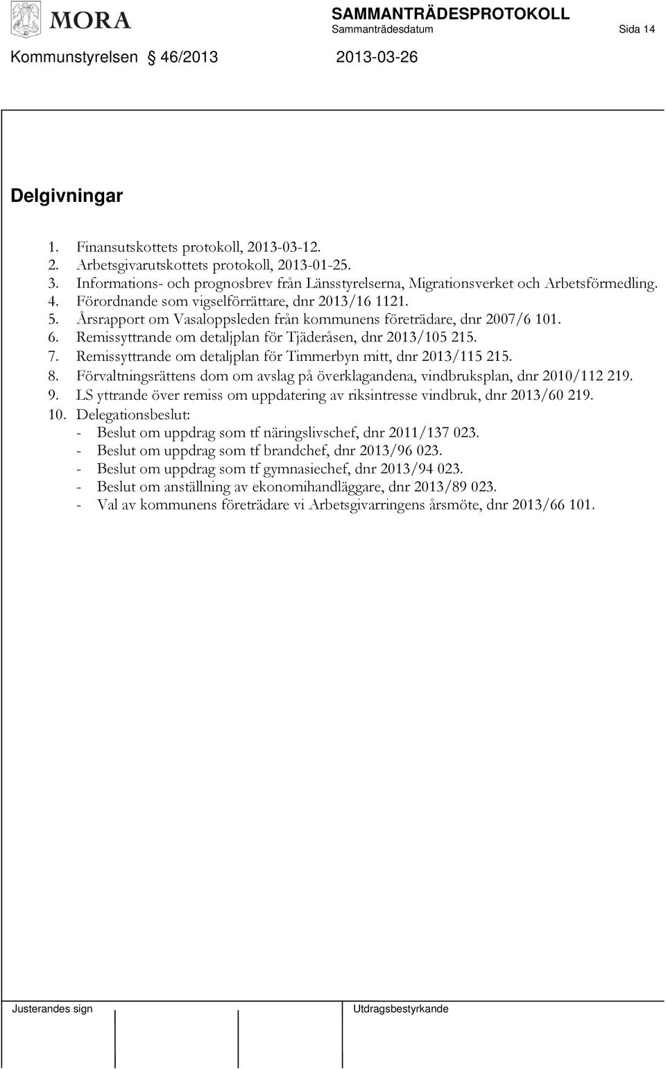 Årsrapport om Vasaloppsleden från kommunens företrädare, dnr 2007/6 101. 6. Remissyttrande om detaljplan för Tjäderåsen, dnr 2013/105 215. 7.