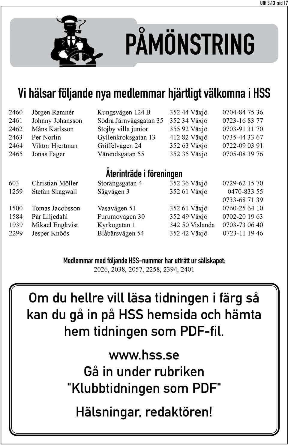 0722-09 03 91 2465 Jonas Fager Värendsgatan 55 352 35 Växjö 0705-08 39 76 Återinträde i föreningen 603 Christian Möller Storängsgatan 4 352 36 Växjö 0729-62 15 70 1259 Stefan Skagwall Sågvägen 3 352